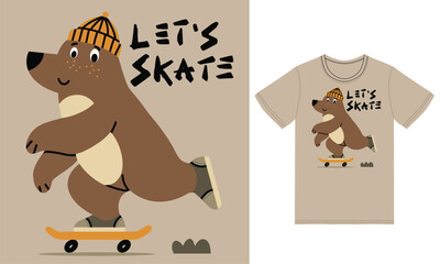 Cute bear playing skateboard illustration with tshirt design premium vector © bayu