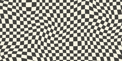 Trippy checkerboard background. Retro psychedelic checkered wallpaper. Wavy groovy chessboard surface. Distorted geometric pattern. Abstract monochrome vector backdrop - obrazy, fototapety, plakaty