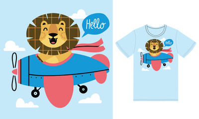 Cute lion on a plane illustration with tshirt design premium vector