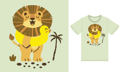 Cute summer lion illustration with tshirt design premium vector