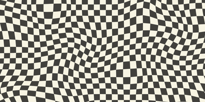 Trippy checkerboard background. Retro psychedelic checkered wallpaper. Wavy groovy chessboard surface. Distorted geometric pattern. Abstract monochrome vector backdrop