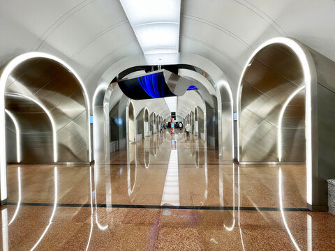 Moscow, Russia, March, 21, 2023. Interior of the new Rizhskaya   station of  Moscow Metro of  Bolshaya Koltsevaya Line (BCL). Russia, the city of Moscow