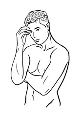 Black and white vector illustration with a young man.
topless