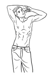 Vector black and white illustration with athletic young athletic man in jeans bare chested. subject as a bodybuilder