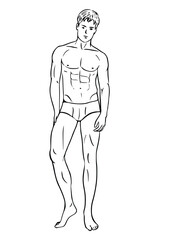 Muscular man in swimming trunks illustration, isolated on white background