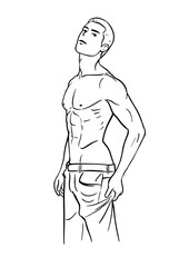 Vector black and white illustration with athletic young athletic man in jeans bare chested. subject as a bodybuilder
