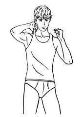 Black and white vector illustration with a young man.
wearing underwear