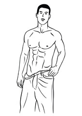 Vector black and white illustration with athletic young athletic man in jeans bare chested. subject as a bodybuilder