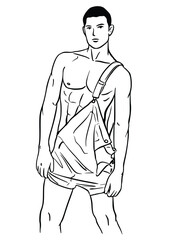 Black and white vector illustration with a young man.
topless