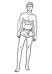 Vector black and white illustration with athletic young athletic man in jeans bare chested. subject as a bodybuilder