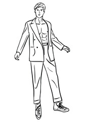 Black and white vector illustration with a young man.
wear a suit