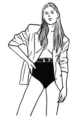 Black and white vector illustration with a woman
wear a suit