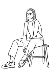 Black and white vector illustration with a woman
sit on a chair