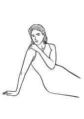 Black and white vector illustration with a woman
sitting on the floor