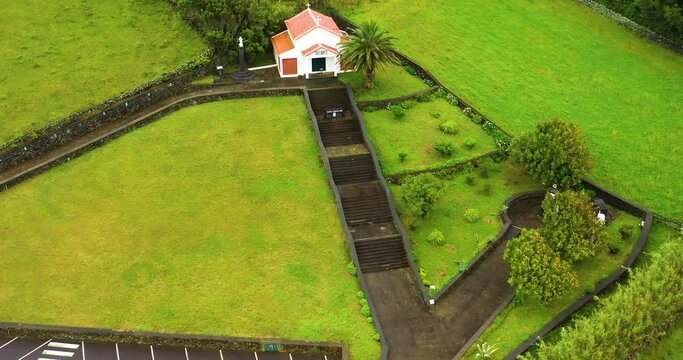 Aerial View Of Hermitage of Maria Vieira In Vila de Sao Sebastiao, On Terceira Island, Azores.