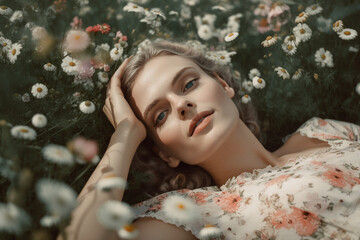 Beautiful portrait photo of a blonde woman lying in a flower field smiling