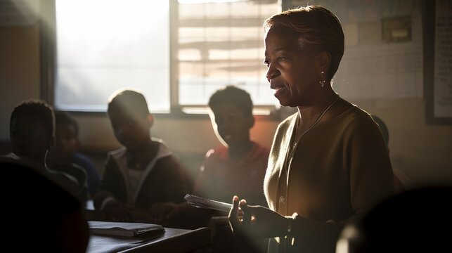 An African American Female Professor Or Teacher, Teaching Students. Generative AI. 