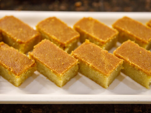 Revani - sweet semolina cake with pistachio, traditional turkish dessert