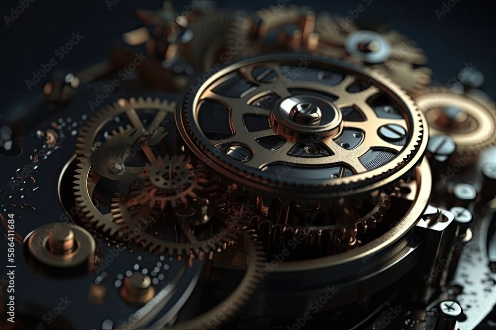 Poster detailed view of a watch movement and its components. generative ai