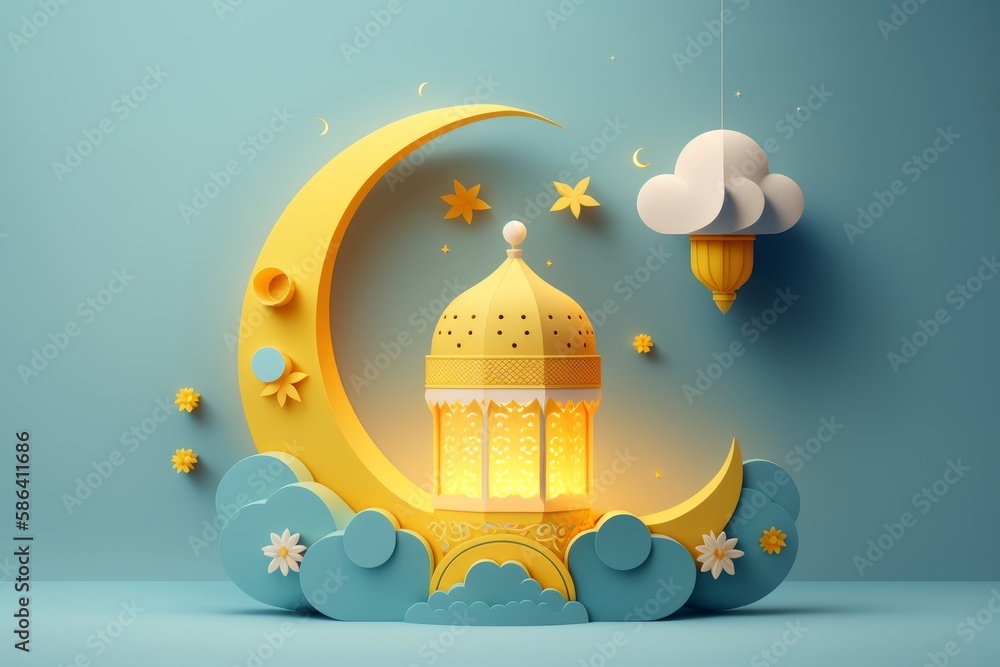 Aufkleber ramadan kareem background with crescent moon and clouds. generative ai