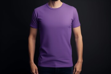 Male model wearing purple t-shirt