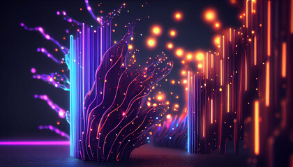 Generative AI, Neon Data Stream: A Glowing 3D Render Abstract Background with Bokeh Lights and Data Transfer Concept