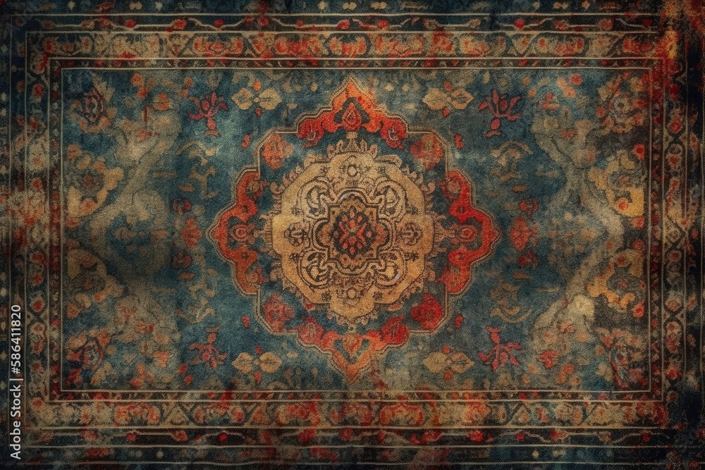 Poster an intricately designed rug with vibrant colors and patterns. generative ai