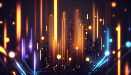 Generative AI, Neon Data Stream: A Glowing 3D Render Abstract Background with Bokeh Lights and Data Transfer Concept