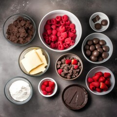 A group of baking ingredients seen from above in bowls. Generative AI.