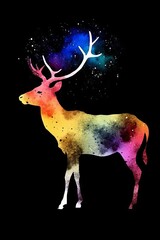 A fantasy illustration of a buck with antlers against a cosmic sky. Generative AI. 