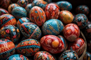 Fototapeta na wymiar basket filled with brightly colored painted eggs for Easter. Generative AI