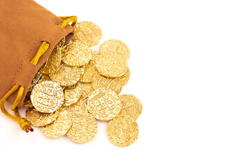 Replica Golden Coin Pirate Treasures Isolated on a White Background