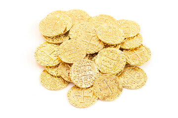 Replica Golden Coin Pirate Treasures Isolated on a White Background