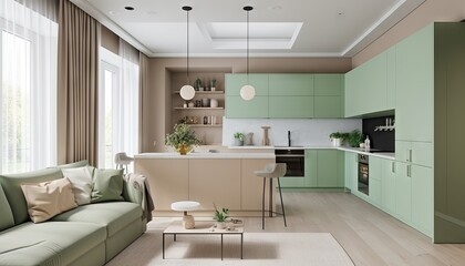 Fototapeta na wymiar Modern house interior of living room and a kitchen in beige and green colors. Generative ai