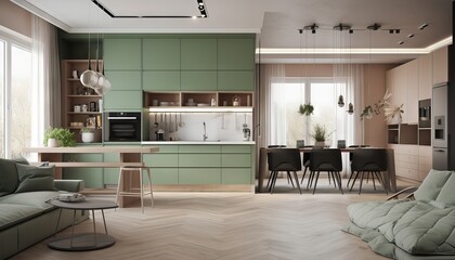 Modern house interior of living room and a kitchen in beige and green colors. Generative ai