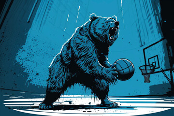 Grizzly Bear Playing Basketball Court Blue Generative AI
