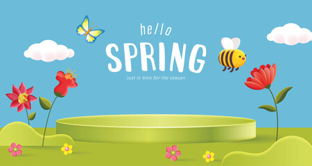 Spring day banner background with flower, bee, butterfly and text design on podium display 