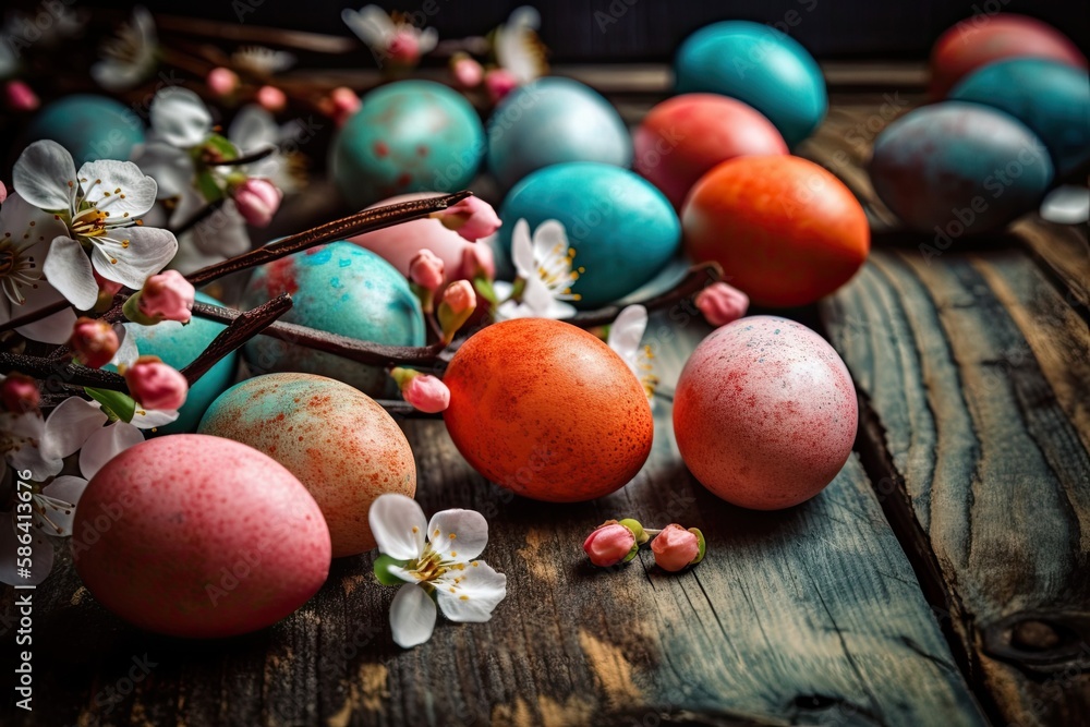 Poster rustic wooden table with a nest of fresh eggs in a natural setting. generative ai