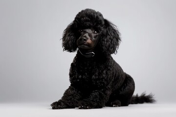 Black poodle sitting in front of a white background - Generative AI Illustration