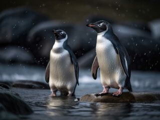 Obraz premium Arctic penguins huddle for warmth and protection, showcasing community and resilience. Their interdependence inspires appreciation for the beauty of social creatures in nature.