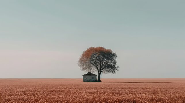 Serene lonely landscape with a farmhouse. Surreal artistic home with a tree. 