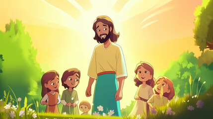 Fototapeta premium Cartoon Jesus standing and hugging happy kids. Generative AI.