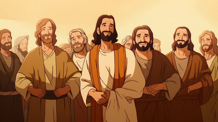 Jesus and a group of apostles cartoon background. Jesus and disciples.Generative AI.
