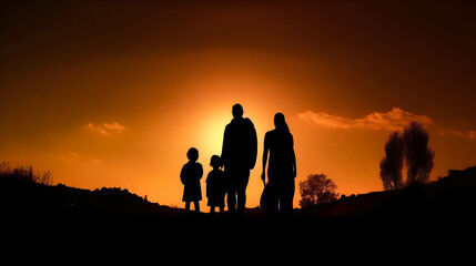 Happy family: mother father and child daughter and son on nature on sunset.silhouette back view of family. Generative AI.