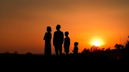 Fototapeta na wymiar Happy family: mother father and child daughter and son on nature on sunset.silhouette back view of family. Generative AI.