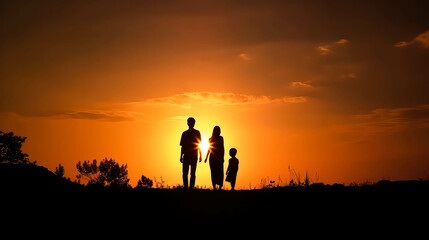 Happy family: mother father and child daughter and son on nature on sunset.silhouette back view of family. Generative AI.