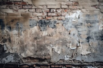 worn brick wall with peeling paint. Generative AI
