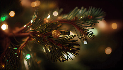 Closeup of Christmas Tree Branch with Lights with Generative AI Technology