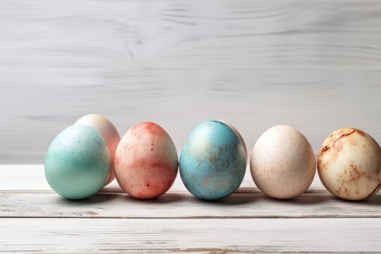 Colorful Painted Eggs Arranged on a Wooden Table for Easter Celebration. Generative AI