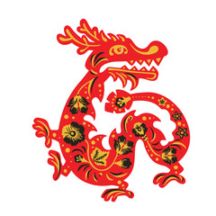Black and red Khokhloma dragon, monster, vintage vector illustration